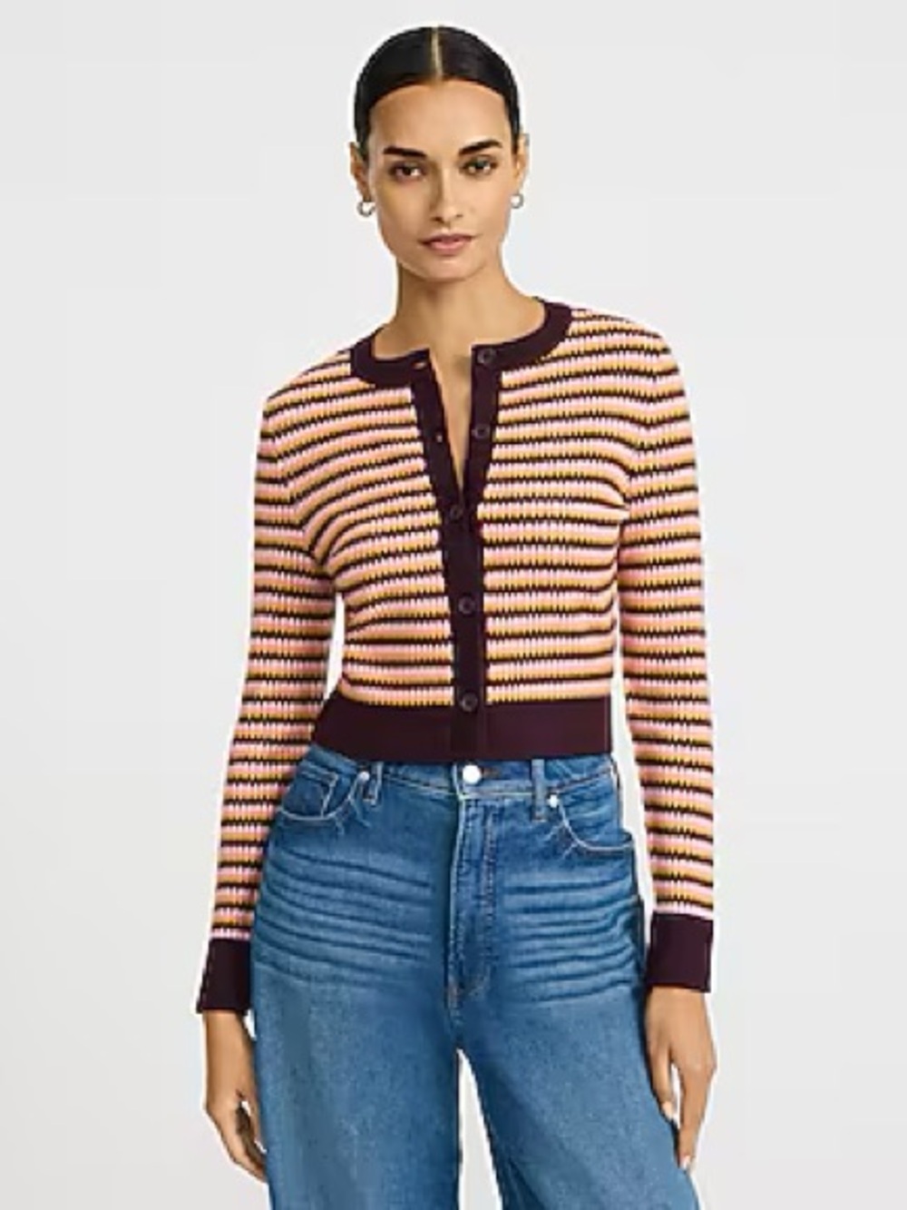 EXPRESS Airy Soft Multi Striped Crew Neck Cardigan